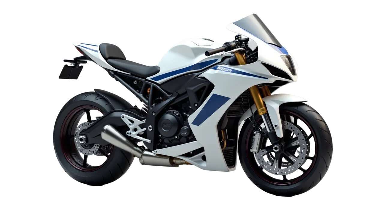 Superbike · low and long, full fairing, fat round tyres, pearl white with one blue stripe