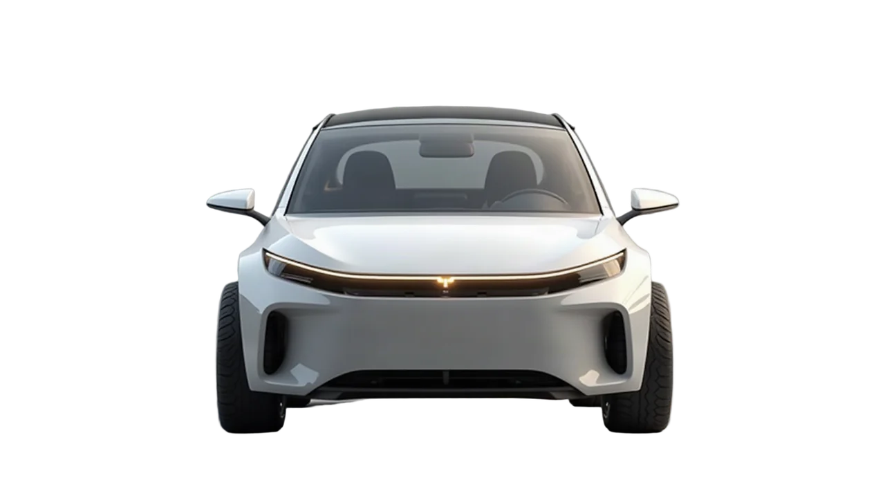 City car · round-shouldered electric, wheels at the corners